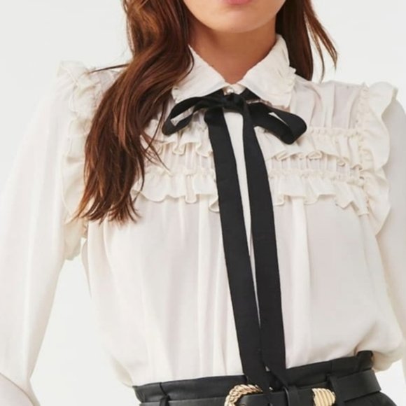 Tops - NWT Ruffle Button Down Oxford Bow Work Blouse Top